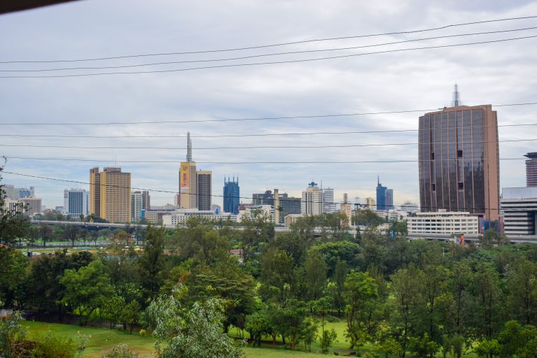 Skyline of Nairobi city with modern high-rise buildings and green park landscape in the foreground under a cloudy sky.